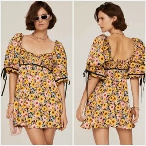 For Love & Lemons Women's Dress Size Large Floral Mini Bows And Puff Sleeves
